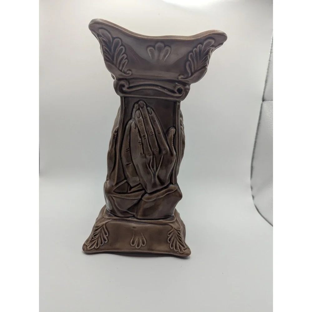 Vintage 1974 Praying Hands Ky Mold Kentucky Pedestal Candle Holder Brown Ceramic
